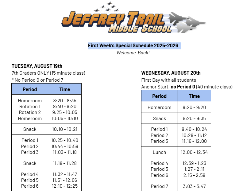 First Week’s Special Schedule 2025-2026